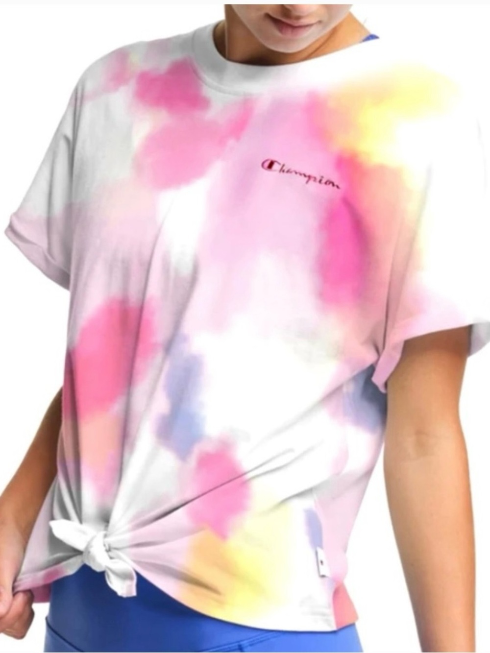 CHAMPION TIE-FRONT TIE-DYE TEE, SCRIPT LOGO in Fuchsia Multi Wash Size L